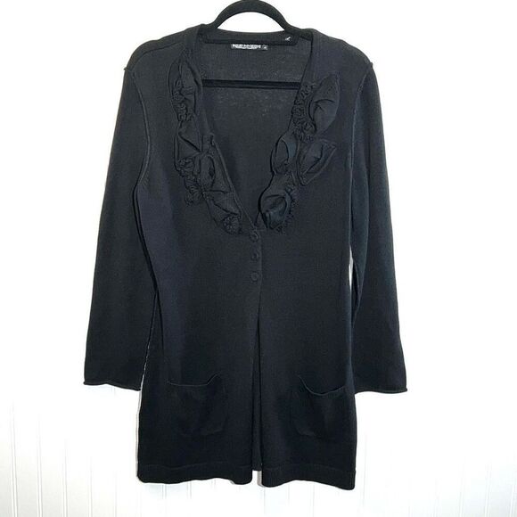 ZOZO Button Front Floral Cardigan Sweater Womens Large Black Long Length Classic - Picture 1 of 10